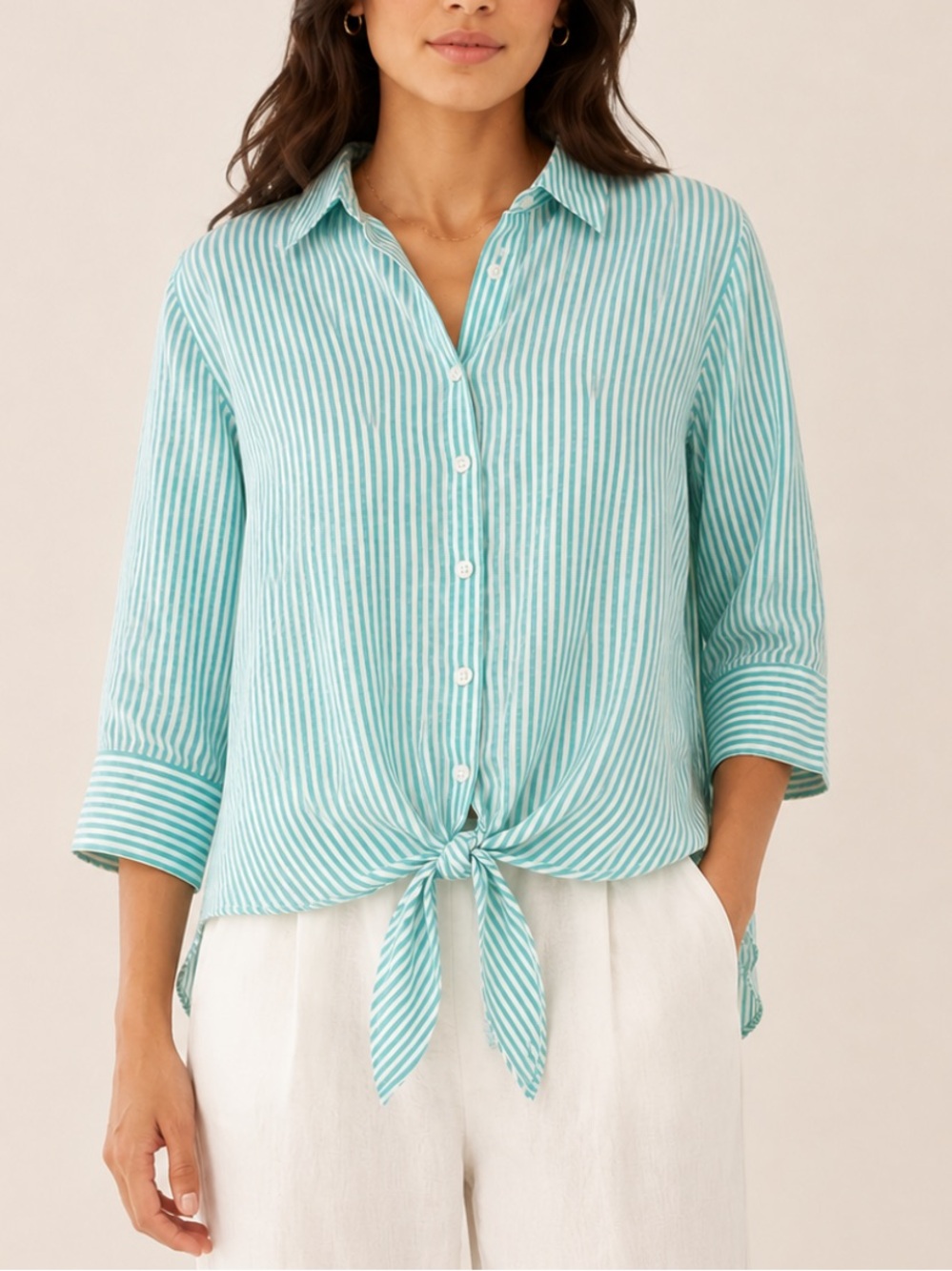 Chico’s No-Iron Linen Button Down Tie Front Shirt Coastal Striped Green White 2